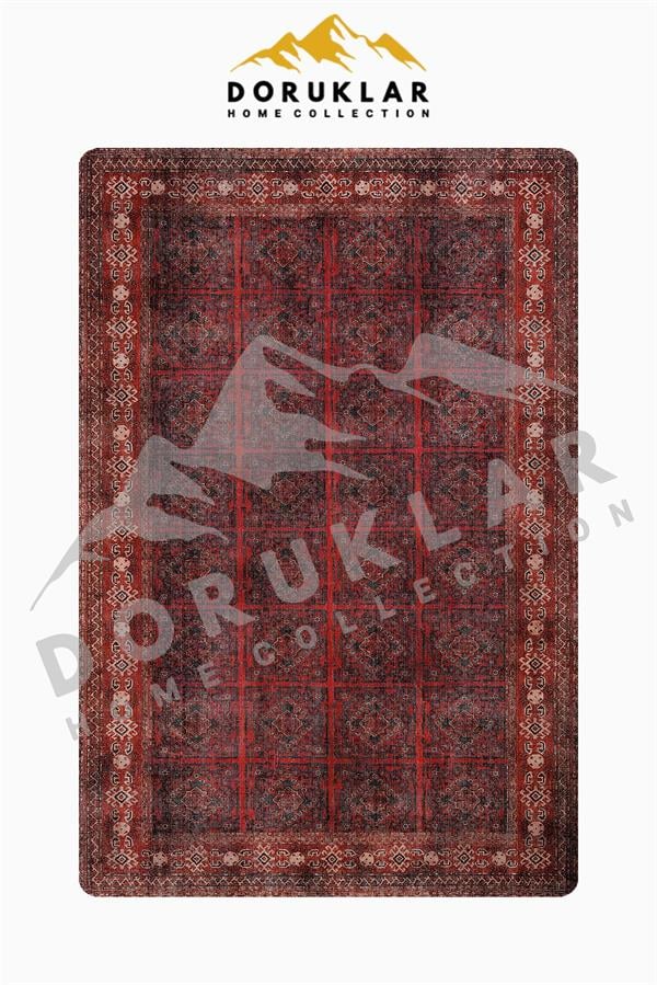 Klasik Koyu Kırmızı Desenli Süngerli Kaymaz Dot Taban Dijital Baskı Halı H0831