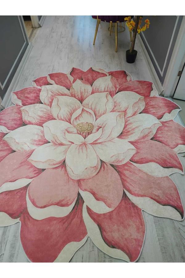 Lazer Kesim Pembe Gül Desenli Yuvarlak Kaymaz Taban Yıkanır Leke Tutmaz Dokuma Taban Halı Drk-8019-4
