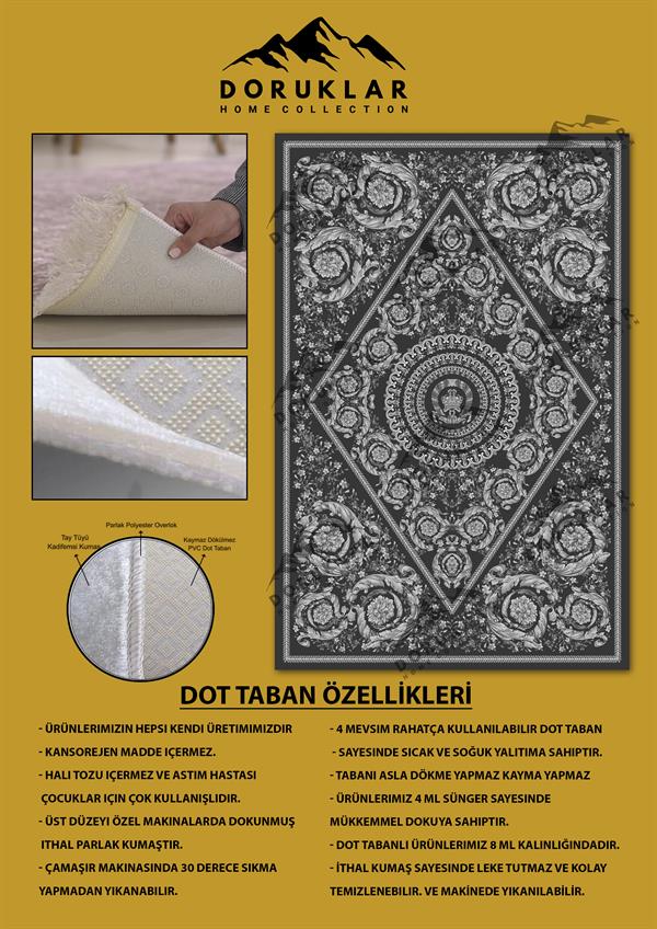 Modern Desenli Gri Kaymaz Tabanlı Yıkanabilir Leke Tutmaz Dot Taban Halı