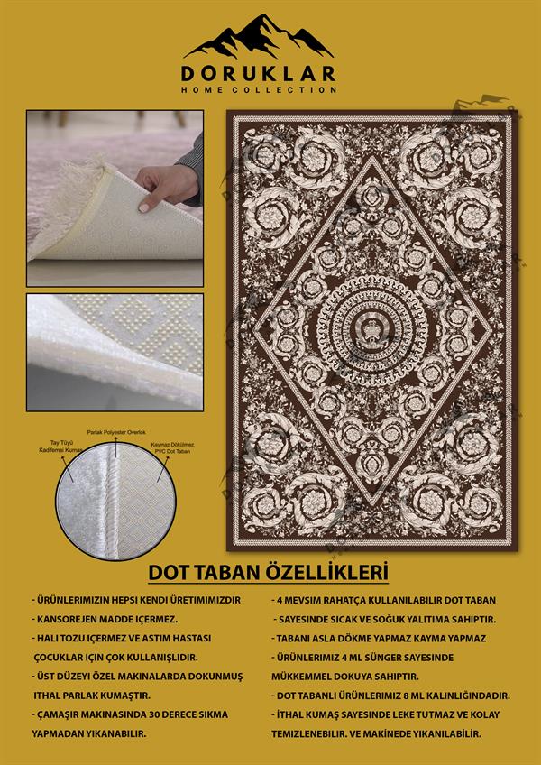 Modern Desenli Kahve Renk Kaymaz Tabanlı Yıkanabilir Leke Tutmaz Dot Taban Halı