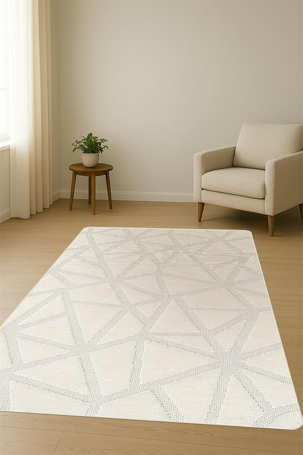 Modern Geometrik Desenli Krem Süngerli Kaymaz Dot Taban Dijital Baskı Halı H1076