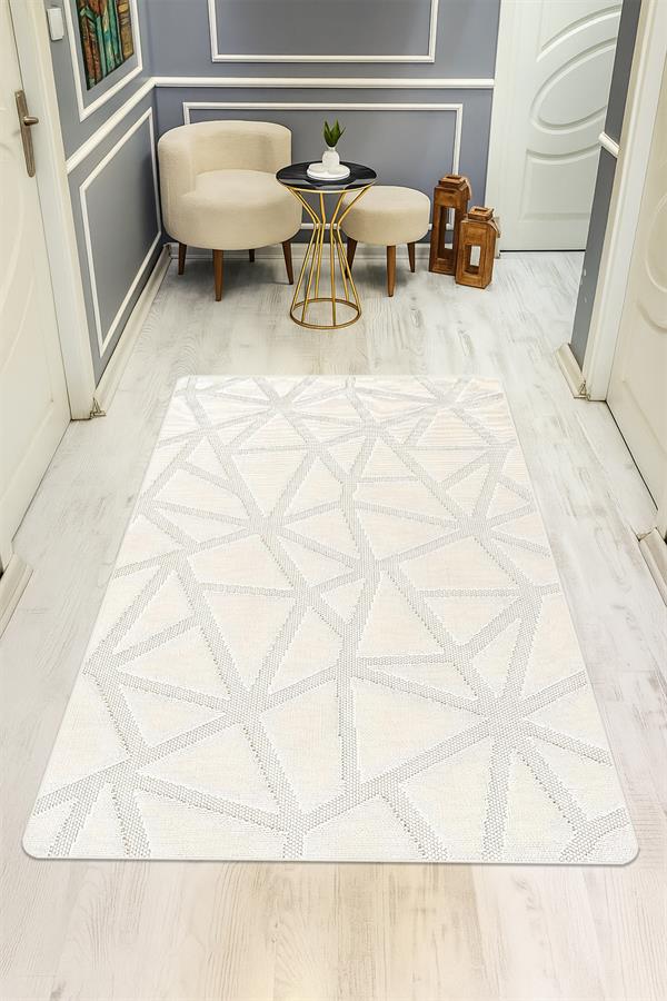 Modern Geometrik Desenli Krem Süngerli Kaymaz Dot Taban Dijital Baskı Halı H1076