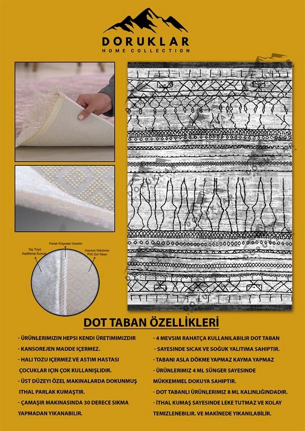 Modern Gri Kilim Desenli Kaymaz Tabanlı Yıkanabilir Leke Tutmaz Dot Taban Halı