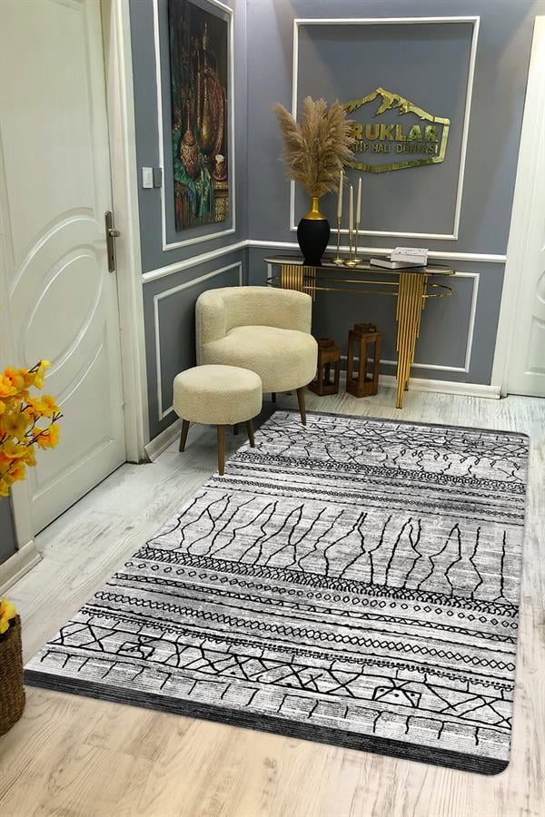 Modern Gri Kilim Desenli Kaymaz Tabanlı Yıkanabilir Leke Tutmaz Dot Taban Halı