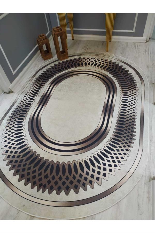 Örüntülü Çerçeve Desenli Oval Kaymaz Taban Yıkanabilir Leke Tutmaz Dokuma Taban Halı Drk-8013-2