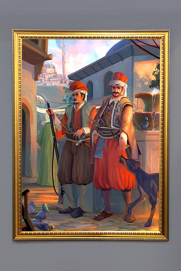 Osmanlı Askeri Desenli Çerçeveli Tablo Duvar Tablosu 50x70cm ORYNTL11