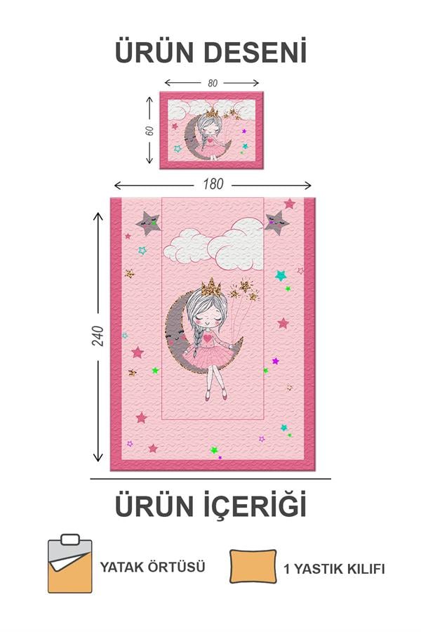 Pamuk Dolgulu Kadife Kumaş Ay Kız Desenli Çoçuk Odası Tek Kişilik Kapitone Yatak Örtüsü Seti Drk0101
