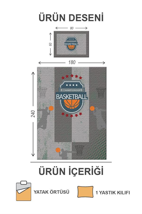 Pamuk Dolgulu Kadife Kumaş Basketbol Desenli Tek Kişilik Kapitone Yatak Örtüsü Seti Drk-0109