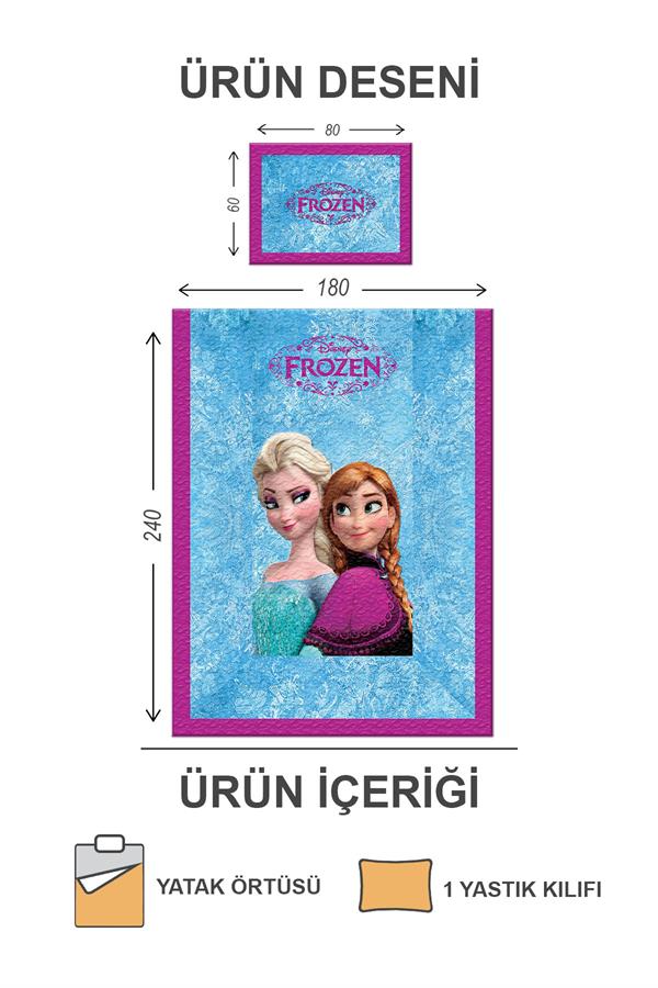 Pamuk Dolgulu Kadife Kumaş Elsa Frozen Desenli Tek Kişilik Kapitone Yatak Örtüsü Seti Drk-0107