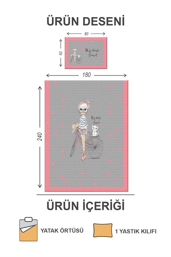 Pamuk Dolgulu Kadife Kumaş Kız Bisiklet Desenli Tek Kişilik Kapitone Yatak Örtüsü Seti Drk-0105