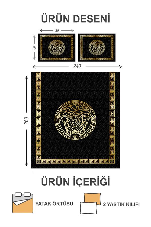 Pamuk Dolgulu Kadife Kumaş Medusa Kafası Desenli Çift Kişilik Kapitone Yatak Örtüsü Seti Drk-0241
