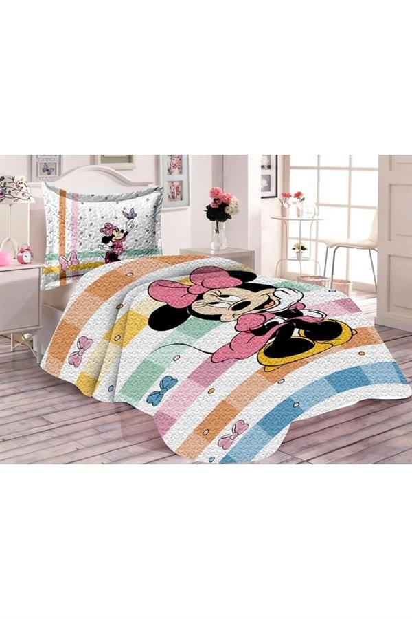 Pamuk Dolgulu Kadife Kumaş Mickey Mouse Desenli Tek Kişilik Çocuk Kapitone Yatak Örtüsü