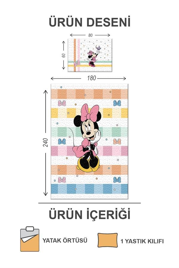 Pamuk Dolgulu Kadife Kumaş Mickey Mouse Desenli Tek Kişilik Çocuk Kapitone Yatak Örtüsü