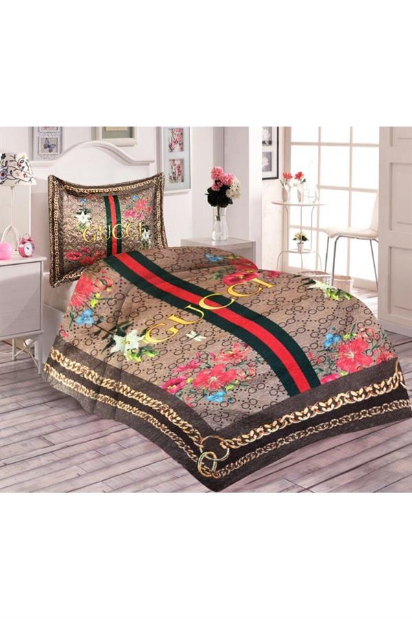 Pamuk Dolgulu Kadife Kumaşlı Çiçekli Gucci Desenli Tek Kişilik Kapitone Yatak Örtüsü