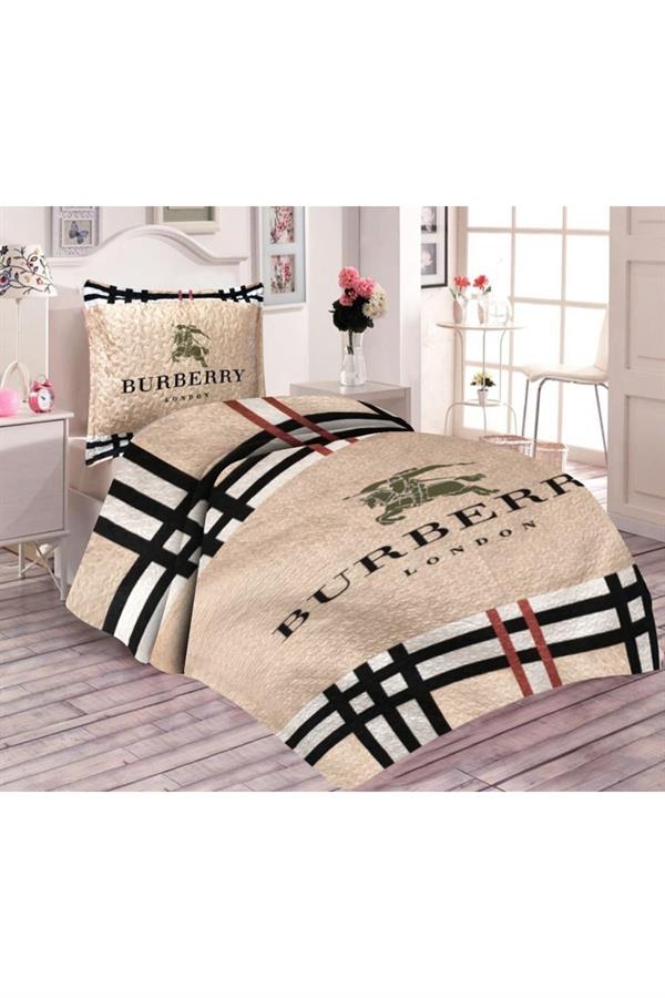 Pamuk Dolgulu Kadife Kumaşlı Krem Burberry Desenli Tek Kişilik Kapitone Yatak Örtüsü