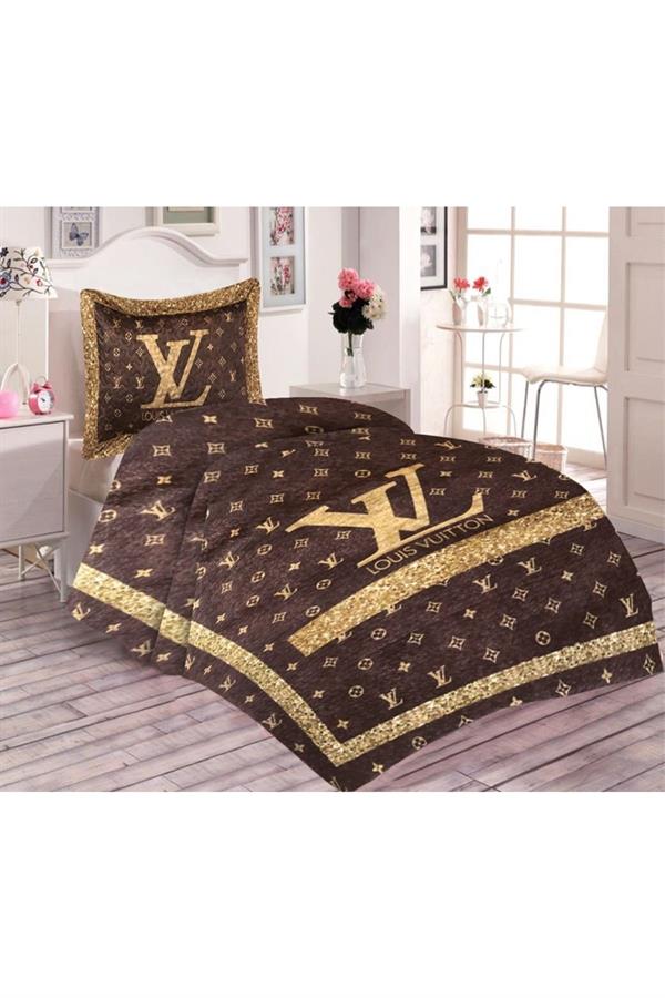 Pamuk Dolgulu Kadife Kumaşlı Simli Louis Vuitton Desenli Tek Kişilik Kapitone Yatak Örtüsü