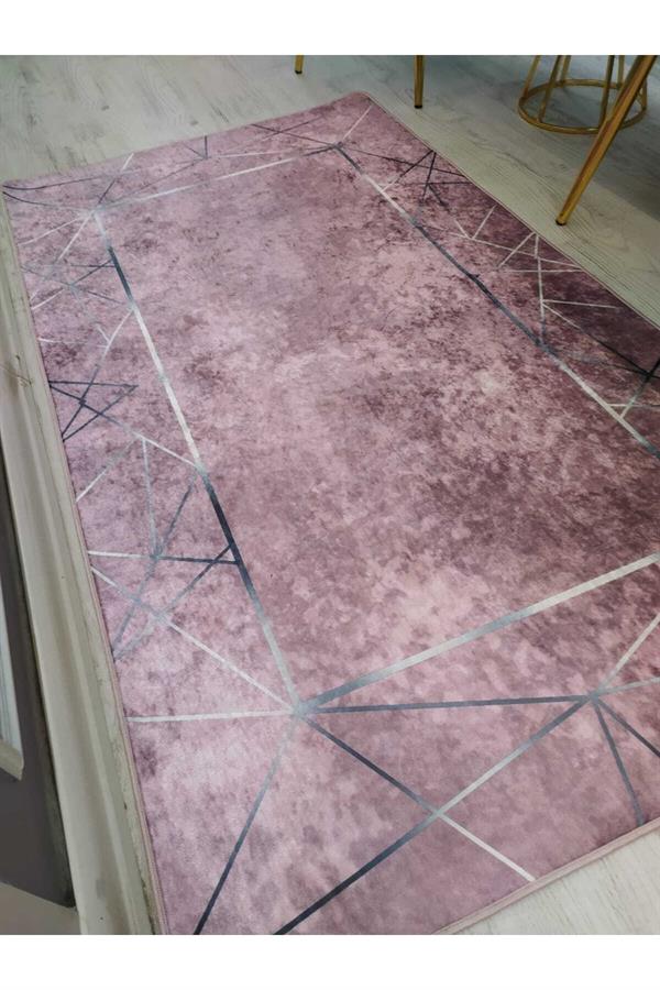 Pembe Zemin Silver Çizgi Çerçeve Desen Kaymaz Taban Yıkanır Leke Tutmaz Dokuma Taban Halı Drk8035-5