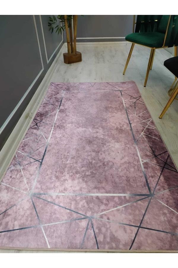 Pembe Zemin Silver Çizgi Çerçeve Desen Kaymaz Taban Yıkanır Leke Tutmaz Dokuma Taban Halı Drk8035-5