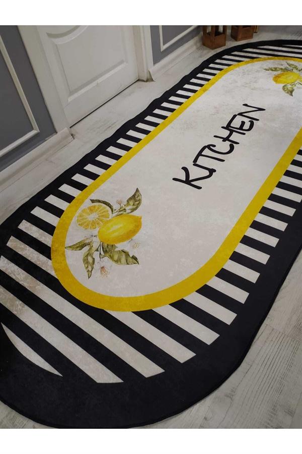 Piyano Dilimli Limonlu Kitchen Desenli Kaymaz Taban Yıkanır Leke Tutmaz Dokuma Taban Halı Drk-8027-7