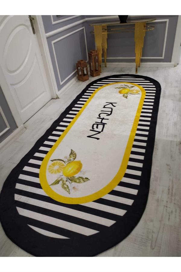 Piyano Dilimli Limonlu Kitchen Desenli Kaymaz Taban Yıkanır Leke Tutmaz Dokuma Taban Halı Drk-8027-7