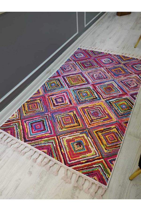 Rengarenk Kilim Desenli Kaymaz Tabanlı Yıkanabilir Leke Tutmaz Dokuma Taban Halı Drk8063-9