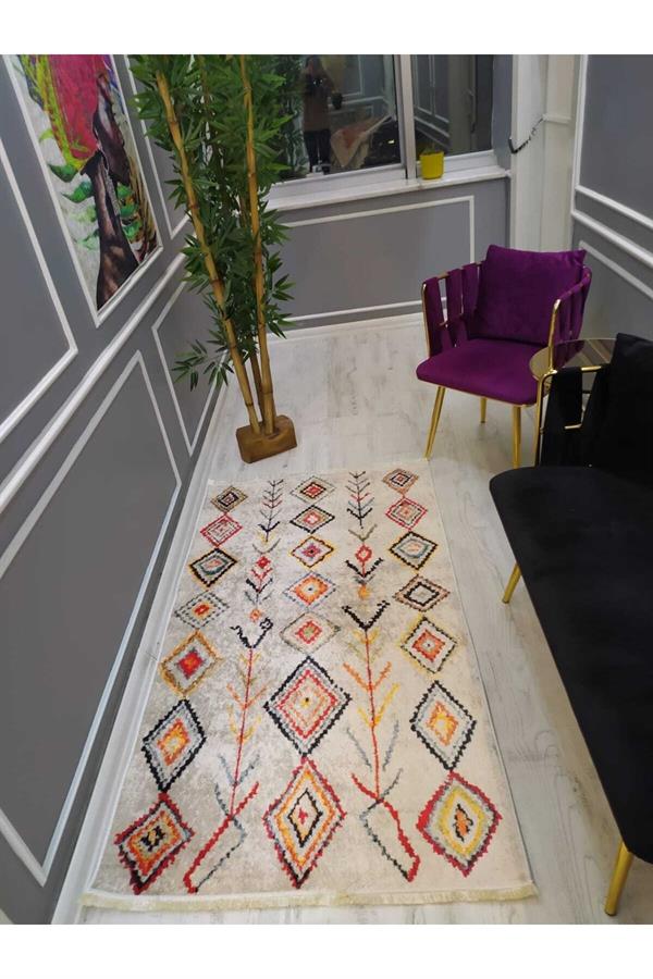 Renkli Çizgili Kilim Desenli Kaymaz Tabanlı Yıkanabilir Leke Tutmaz Dokuma Taban Halı Drk8072-4