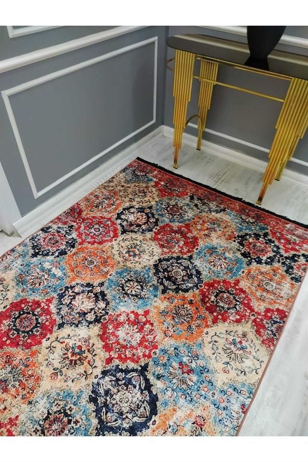 Renkli Klasik Desenli Kaymaz Tabanlı Yıkanabilir Leke Tutmaz Dokuma Taban Halı Drk8082-8
