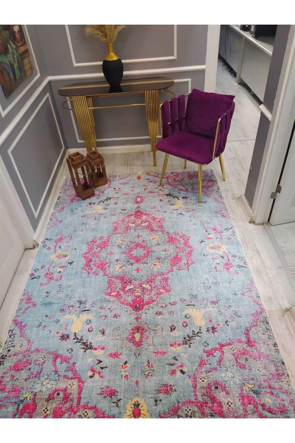 Renkli Modern Klasik Desenli Kaymaz Taban Yıkanabilir Leke Tutmaz Dokuma Taban Halı Drk-8021-10