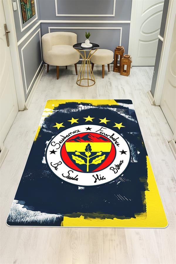Sarı ve Lacivert Sportif Süngerli Kaymaz Dot Taban Dijital Baskı Halı H0838