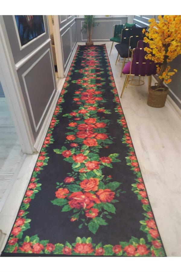 Şeritli Gül Desenli Kaymaz Taban Yıkanabilir Leke Tutmaz Dokuma Taban Halı Drk-8026-9