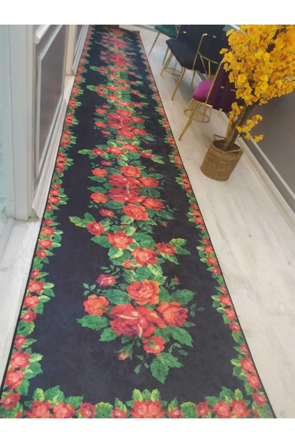 Şeritli Gül Desenli Kaymaz Taban Yıkanabilir Leke Tutmaz Dokuma Taban Halı Drk-8026-9