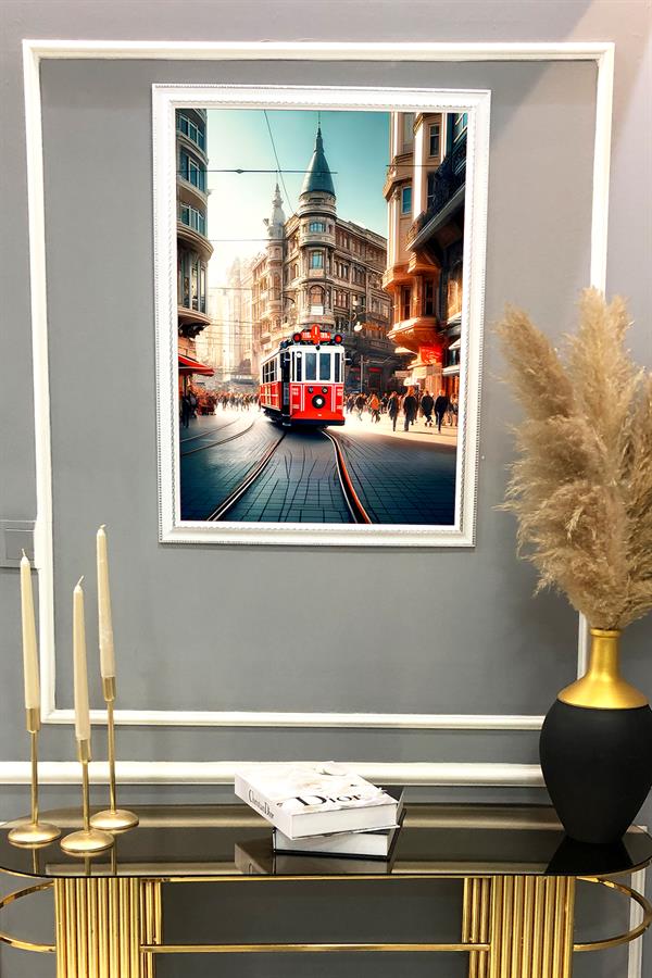 Taksim İstiklal Tramvay Desenli Çerçeveli Duvar Tablosu 50x70cm İstanbul05