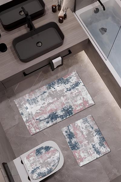 Bambu Kumaş Deri Tabanlı Yıkanabilir Kaymaz Tabanlı Modern Desenli 3'lü Klozet Takımı Banyo Paspas Seti