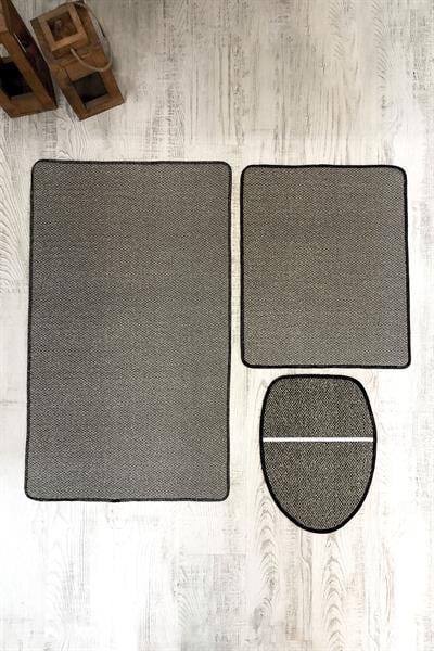 Bambu Kumaş Deri Tabanlı Yıkanabilir Kaymaz Tabanlı Modern Desenli 3'lü Klozet Takımı Banyo Paspas Seti