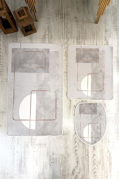 Bambu Kumaş Deri Tabanlı Yıkanabilir Kaymaz Tabanlı Modern Desenli 3'lü Klozet Takımı Banyo Paspas Seti