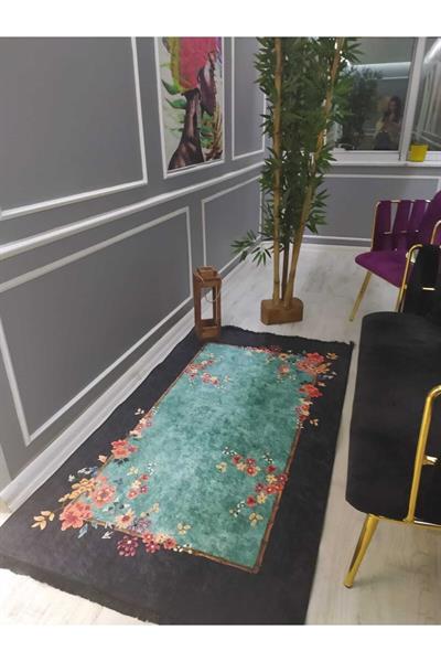 Çerçeveli Renkli Çiçekler Desen Kaymaz Tabanlı Yıkanabilir Leke Tutmaz Dokuma Taban Halı Drk8075-6