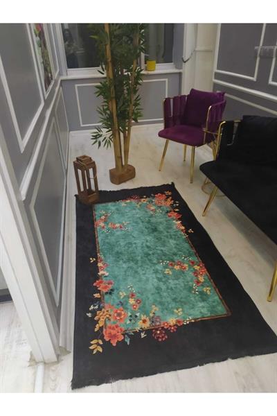Çerçeveli Renkli Çiçekler Desen Kaymaz Tabanlı Yıkanabilir Leke Tutmaz Dokuma Taban Halı Drk8075-6