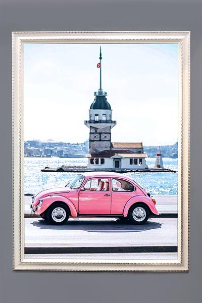 Dekoratif Modern Araba ve Kız Kulesi Desenli Çerçeveli Tablo Duvar Tablosu 50x70cm
