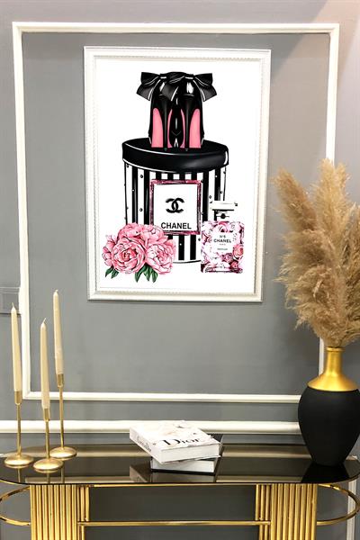 Dekoratif Modern Çerçeveli Coco Parfüm Çiçek Desenli Duvar Tablosu 50x70 CM