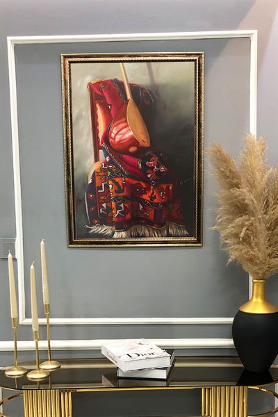 Dekoratif Modern Çerçeveli Otantik Halı ve Saz Desenli Duvar Tablosu 50x70 CM