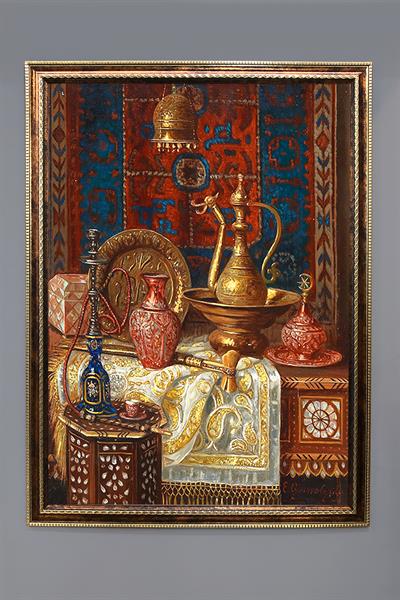 Dekoratif Modern Çerçeveli Otantik İbrik ve Nargile Desenli Duvar Tablosu 50x70 CM