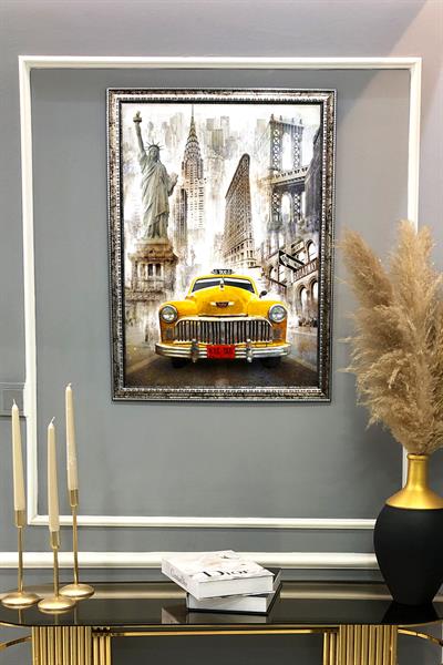 Dekoratif Modern Çerçeveli Sarı Taxi Desenli Duvar Tablosu 50x70 CM