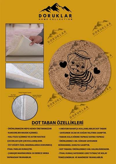 Dijital Baskı Kaymaz Taban Yıkanabilir Hasır-Jüt Görünümlü Yuvarlak Çocuk Halısı