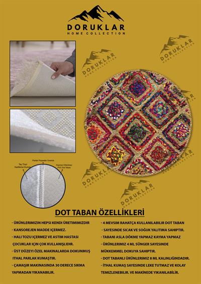 Dijital Baskı Kaymaz Taban Yıkanabilir Hasır-Jüt Görünümlü Yuvarlak Halı