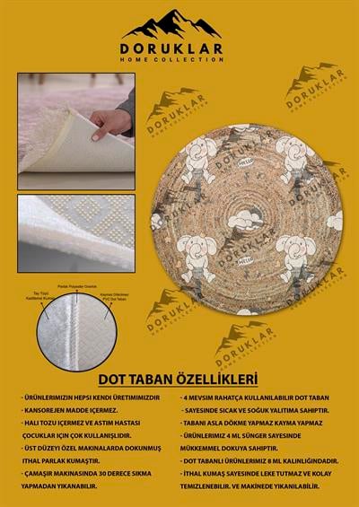 Dijital Baskı Kaymaz Taban Yıkanabilir Hasır-Jüt Görünümlü Yuvarlak Çocuk Halısı