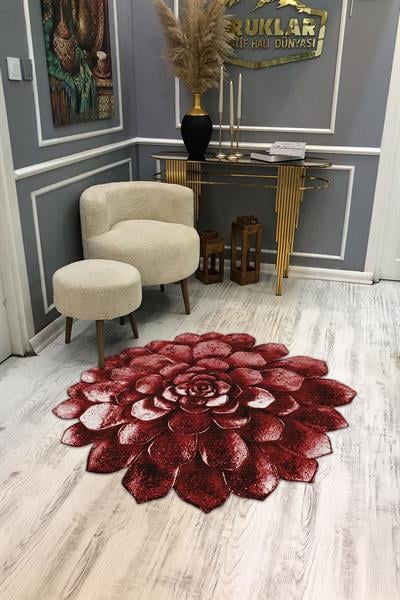 Dijital Baskı Kaymaz Taban Yıkanabilir Kırmızı Çiçek Desenli Lazer Kesim Halı