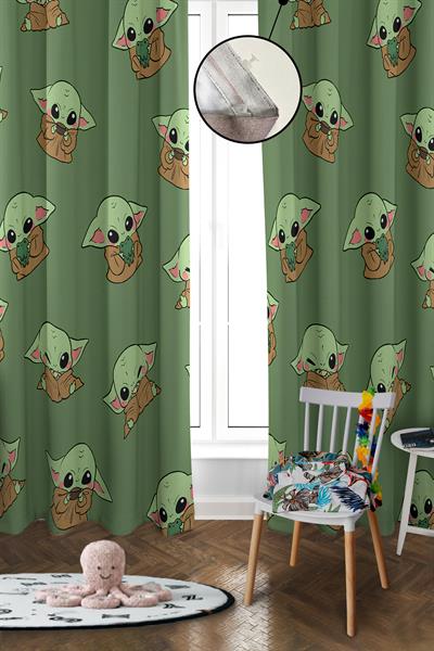 Dijital Baskı Yıkanabilir Baby Yoda Desenli 2 Kanat Bebek ve Çocuk Odası Fon Perdesi