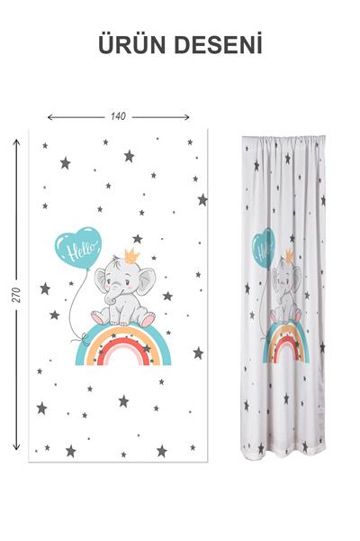 Dijital Baskı Yıkanabilir Gökkuşağı Fil Desenli 2 Kanat Bebek ve Çocuk Odası Fon Perdesi