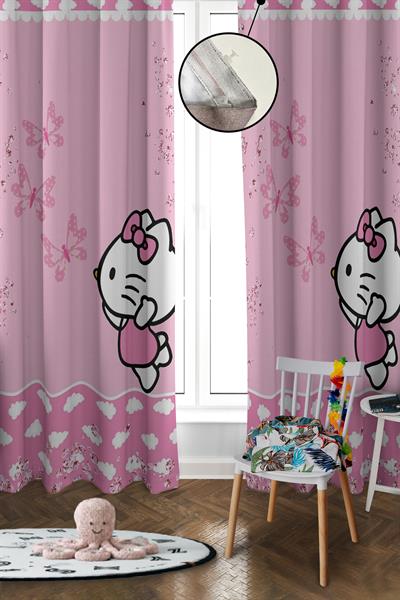 Dijital Baskı Yıkanabilir Hello Kitty Desenli 2 Kanat Bebek ve Çocuk Odası Fon Perdesi