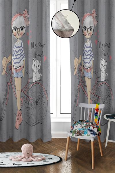 Dijital Baskı Yıkanabilir Kedi ve Kız Desenli 2 Kanat Bebek ve Çocuk Odası Fon Perdesi